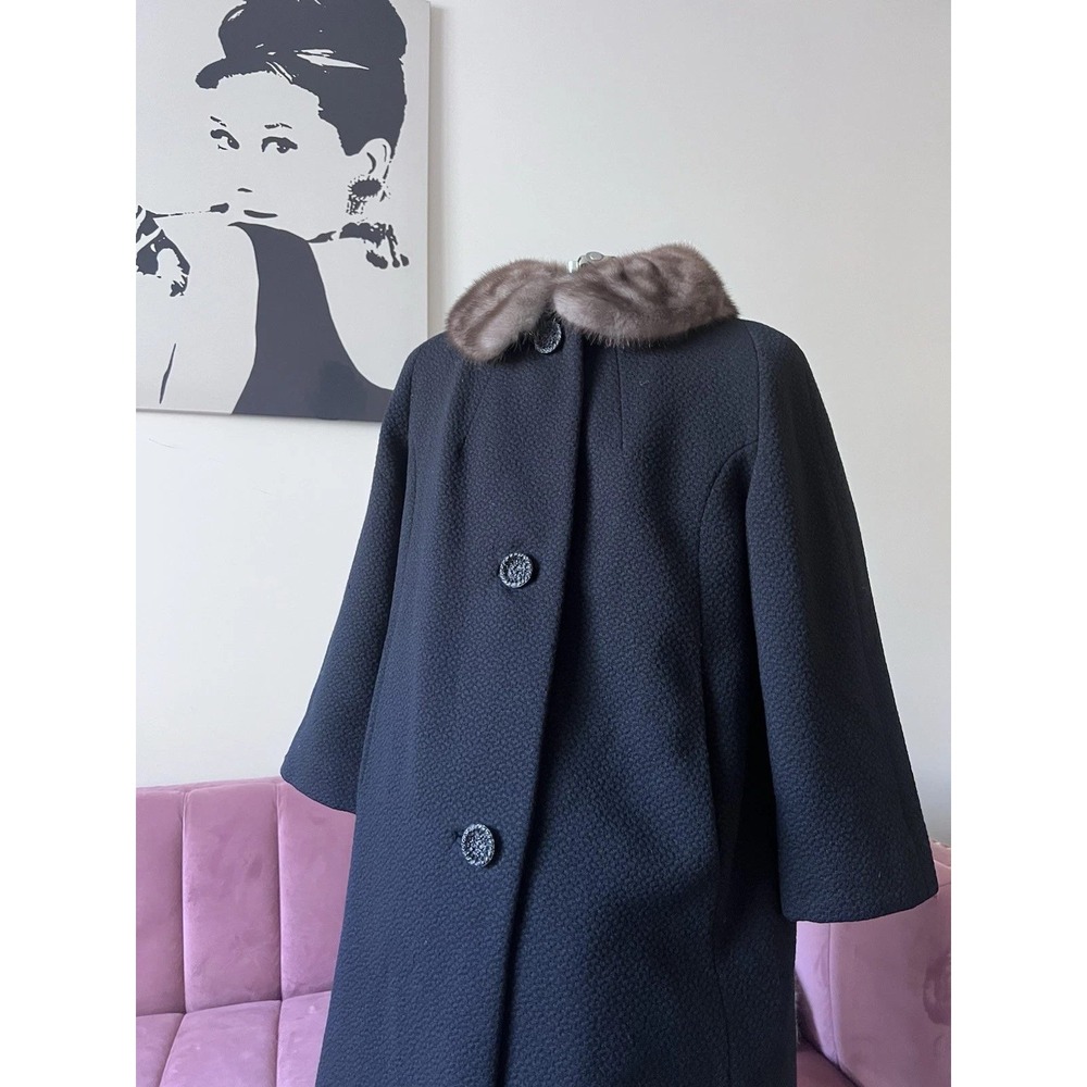Regal-Mode Vintage Black Textured Wool Coat Fur Collar Hochschild Kohn XL 2XL